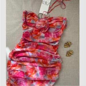 ZARA PRINTED TULLE MIDI DRESS PINK FLORAL